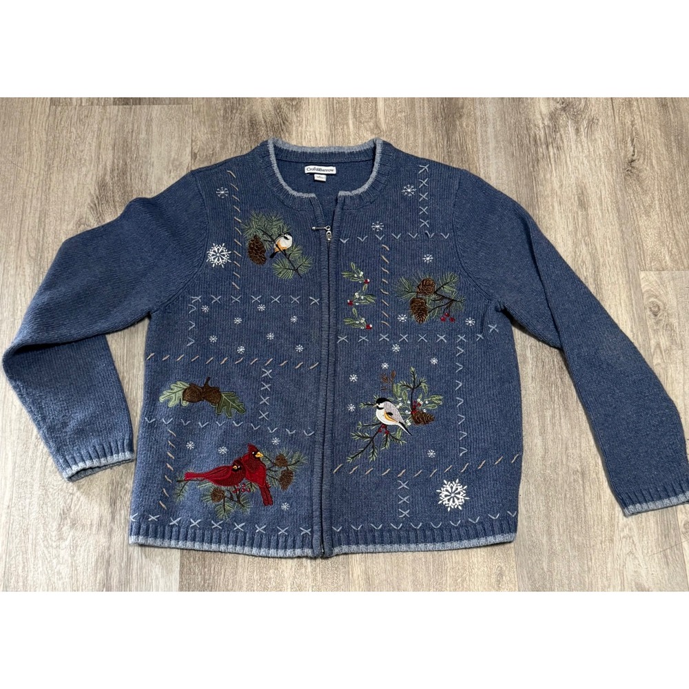 Croft & Barrow Blue‎ Cardinal Snowflake Embroidered Zip Up Cardigan Sweater  L